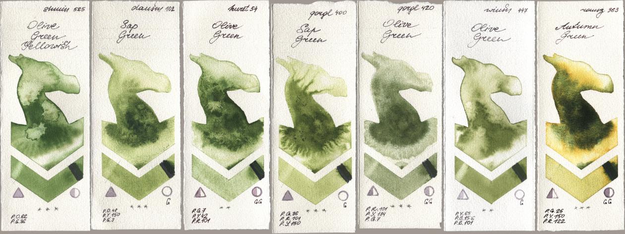 Shminke Horadam Aquarell 525 Olive Green Yellowish, Daniel Smith 102 Sap Green, Kuretake Gansai Tambi 054 Olive Green, Golden QOR 400 Sap Green, 420 Olive Green, Winsor & Newton Professional 447 Olive Green, Roman Szmal Aquarius 363 Autumn Gre watercolor swatch