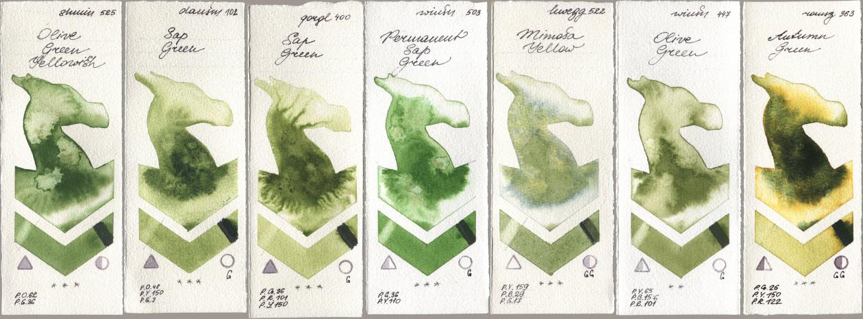 Shminke Horadam Aquarell 525 Olive Green Yellowish, Daniel Smith 102 Sap Green, Golden QOR 400 Sap Green, Winsor & Newton Professional 503 Permanent Sap Green, Holbein Artists Watercolor 522 Mimosa Yellow, 447 Olive Green, Roman Szmal Aquarius 363 Autumn Gre watercolor swatch