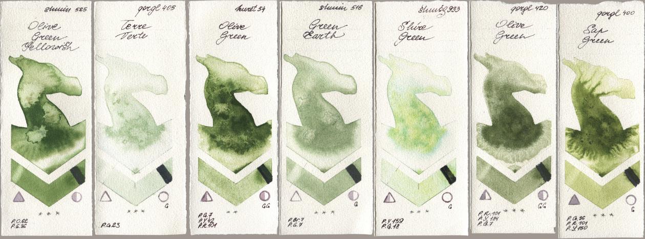 Shminke Horadam Aquarell 525 Olive Green Yellowish, Golden QOR 405 Terre Verte, Kuretake Gansai Tambi 054 Olive Green, 516 Green Earth, 933 Shire Green, 420 Olive Green, 400 Sap Gre watercolor swatch