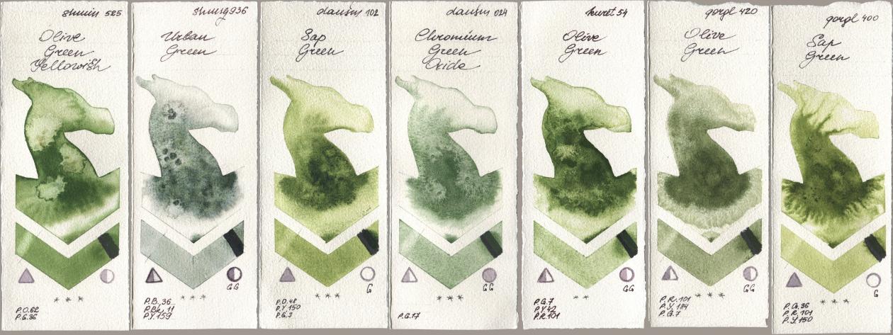 Shminke Horadam Aquarell 525 Olive Green Yellowish, 936 Urban Green, Daniel Smith 102 Sap Green, 024 Chromium Green Oxide, Kuretake Gansai Tambi 054 Olive Green, Golden QOR 420 Olive Green, 400 Sap Gre watercolor swatch