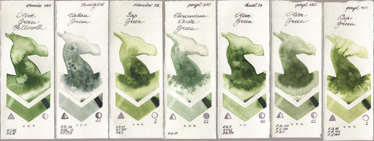Shminke Horadam Aquarell 525 Olive Green Yellowish, 936 Urban Green, Daniel Smith 102 Sap Green, Golden QOR 410 Chromium Oxide Green, Kuretake Gansai Tambi 054 Olive Green, 420 Olive Green, 400 Sap Gre watercolor swatch