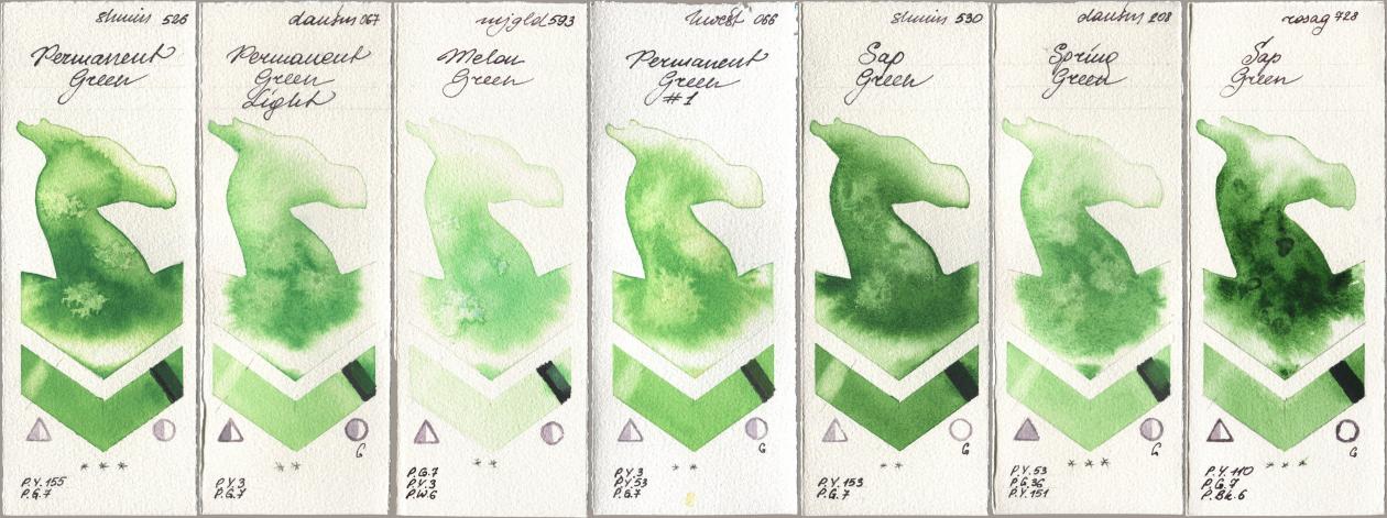 Shminke Horadam Aquarell 526 Permanent Green, Daniel Smith 067 Permanent Green Light, Mijello Mission Gold 593 Melon Green, Holbein Artists Watercolor 066 Permanent Green No 1, 530 Sap Green, 208 Spring Green, Rosa Gallery 728 Sap Gre watercolor swatch