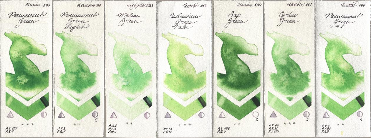 Shminke Horadam Aquarell 526 Permanent Green, Daniel Smith 067 Permanent Green Light, Mijello Mission Gold 593 Melon Green, Holbein Artists Watercolor 069 Cadmium Green Pale, 530 Sap Green, 208 Spring Green, 066 Permanent Green No watercolor swatch