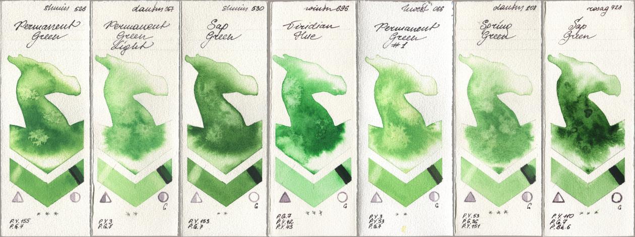Shminke Horadam Aquarell 526 Permanent Green, Daniel Smith 067 Permanent Green Light, 530 Sap Green, Winsor & Newton Professional 696 Viridian Hue, Holbein Artists Watercolor 066 Permanent Green No 1, 208 Spring Green, Rosa Gallery 728 Sap Gre watercolor swatch