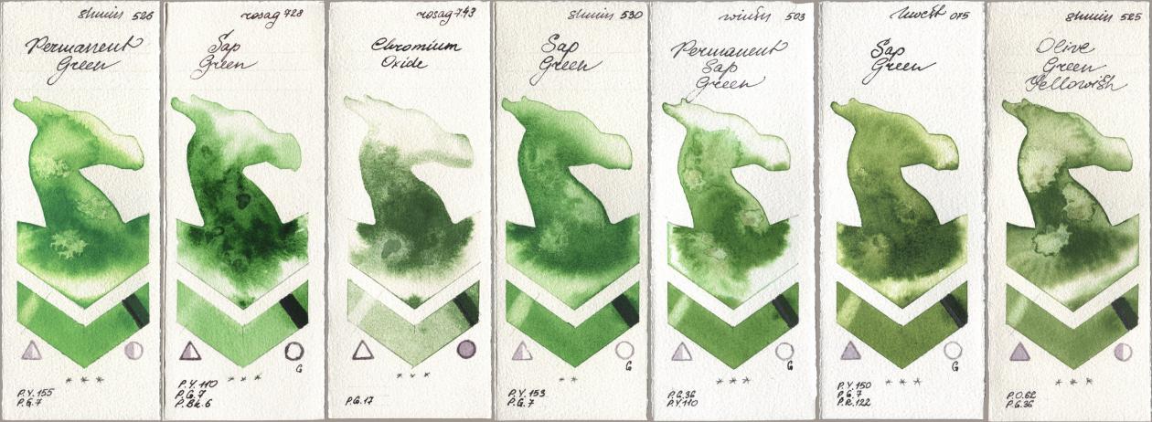 Shminke Horadam Aquarell 526 Permanent Green, Rosa Gallery 728 Sap Green, 743 Chromium Oxide, 530 Sap Green, Winsor & Newton Professional 503 Permanent Sap Green, Holbein Artists Watercolor 075 Sap Green, 525 Olive Green Yellowi watercolor swatch
