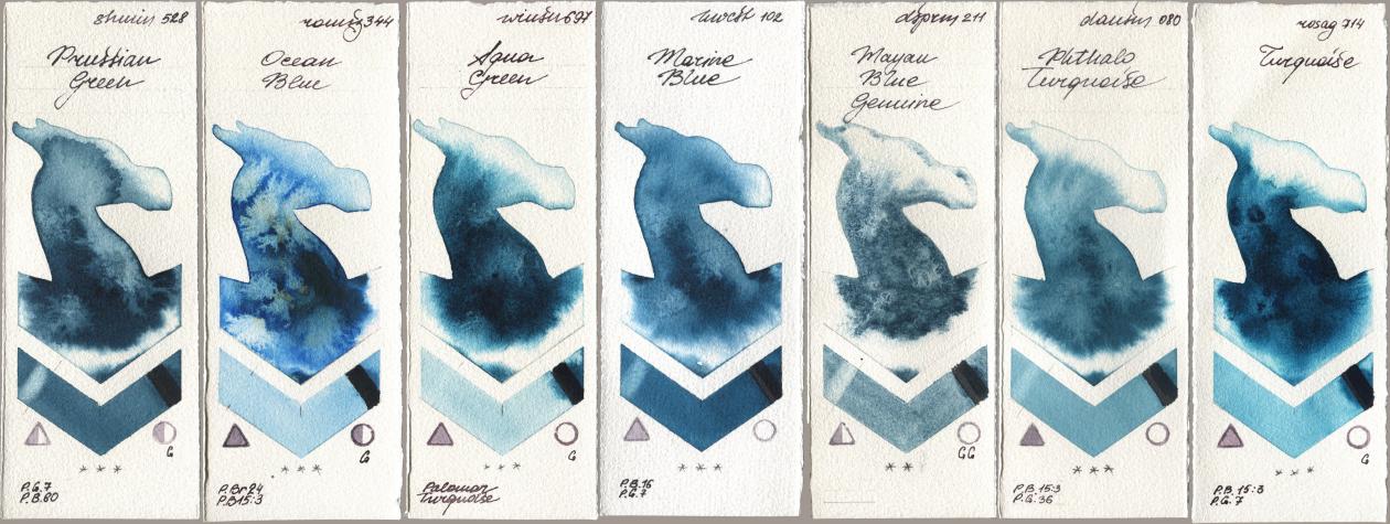 Shminke Horadam Aquarell 528 Prussian Green, Roman Szmal Aquarius 344 Ocean Blue, Winsor & Newton Professional 697 Aqua Green, Holbein Artists Watercolor 102 Marine Blue, Daniel Smith 211 Mayan Blue Genuine, 080 Phthalo Turquoise, Rosa Gallery 714 Turquoi watercolor swatch