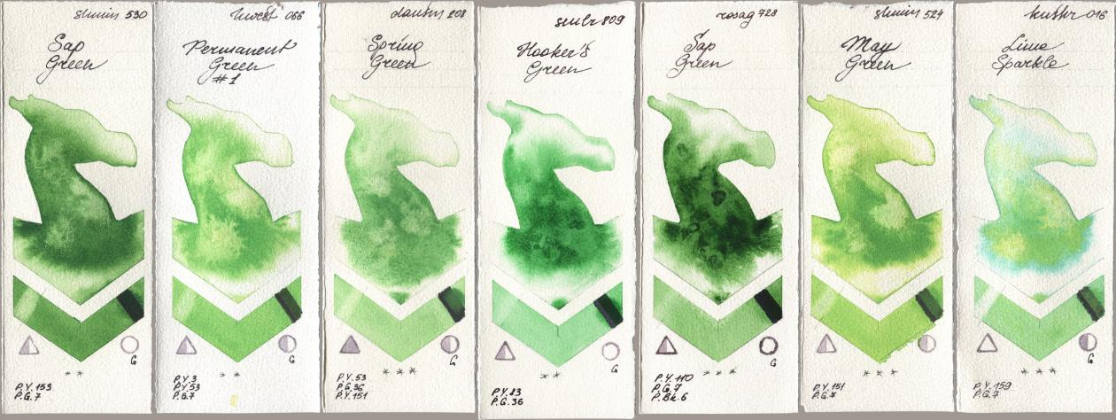 Shminke Horadam Aquarell 530 Sap Green, Holbein Artists Watercolor 066 Permanent Green No 1, Daniel Smith 208 Spring Green, Sennelier l Aquarelle 809 Hookers Green, Rosa Gallery 728 Sap Green, 524 May Green, Kusakabe 016 Lime Spark watercolor swatch