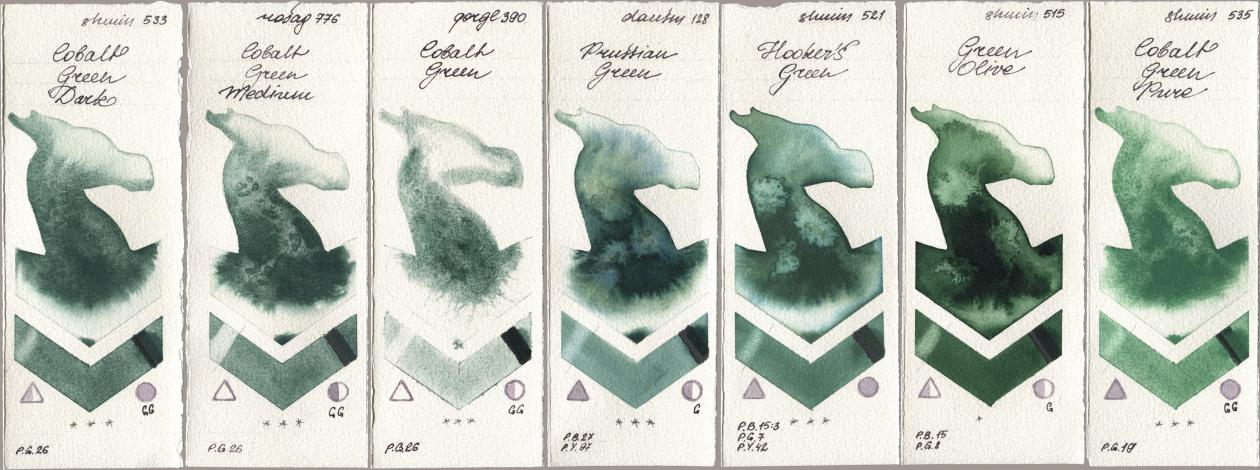 Shminke Horadam Aquarell 533 Cobalt Green Dark, Rosa Gallery 776 Cobalt Green Medium, Golden QOR 390 Cobalt Green, Daniel Smith 128 Prussian Green, 521 Hookers Green, 515 Green Olive, 535 Cobalt Green Pu watercolor swatch