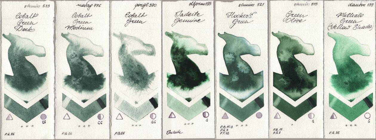 Shminke Horadam Aquarell 533 Cobalt Green Dark, Rosa Gallery 776 Cobalt Green Medium, Golden QOR 390 Cobalt Green, Daniel Smith 195 Jadeite Genuine, 521 Hookers Green, 515 Green Olive, 079 Phthalo Green (Yellow Shad watercolor swatch