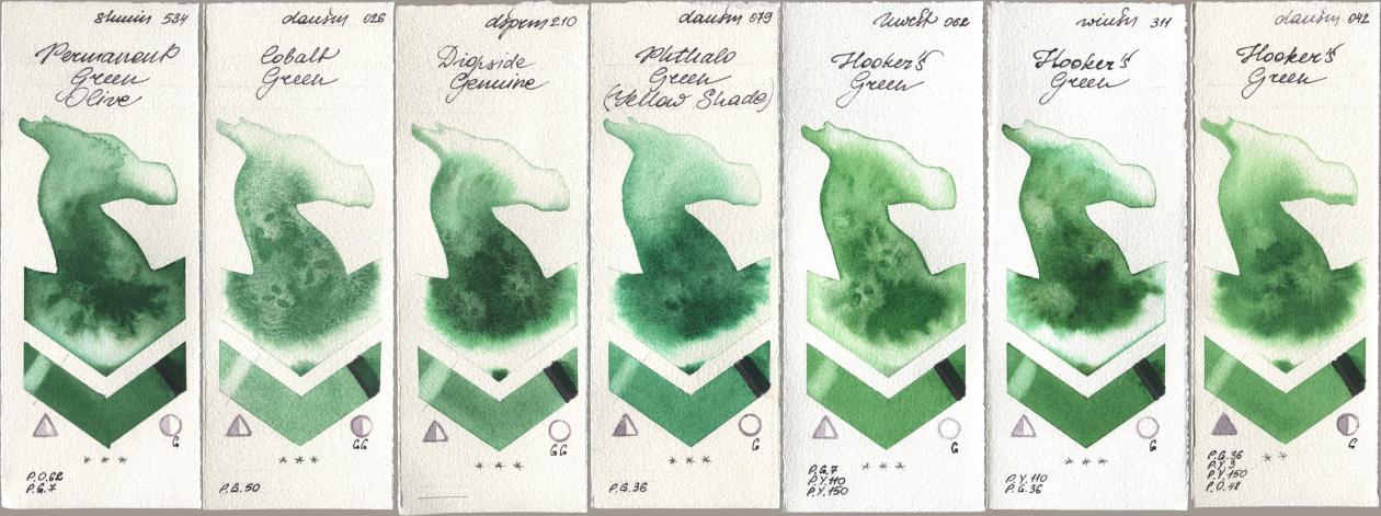 Shminke Horadam Aquarell 534 Permanent Green Olive, Daniel Smith 026 Cobalt Green, 210 Diopside Genuine, 079 Phthalo Green (Yellow Shade), Holbein Artists Watercolor 062 Hookers Green, Winsor & Newton Professional 311 Hookers Green, 042 Hookers Gre watercolor swatch