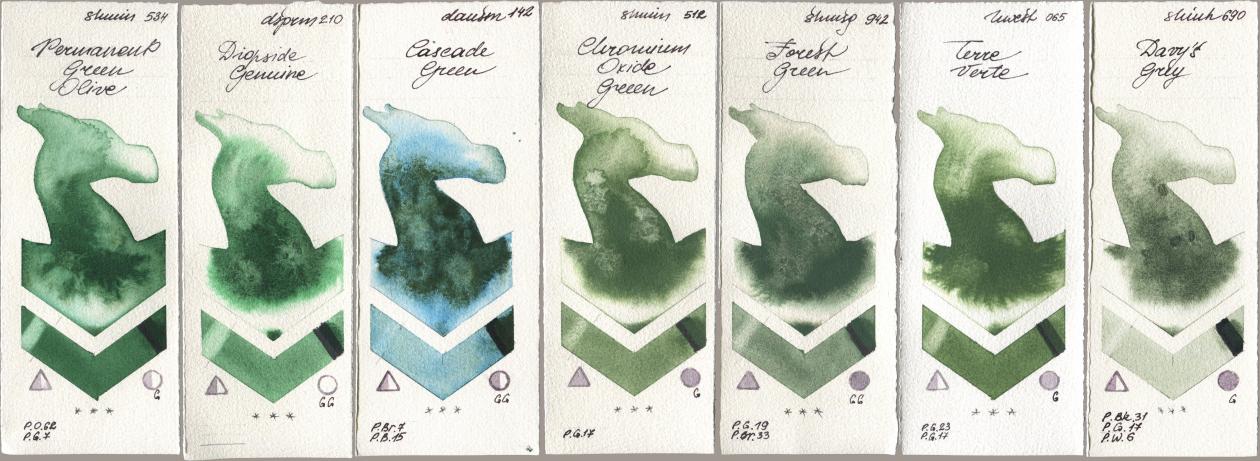 Shminke Horadam Aquarell 534 Permanent Green Olive, Daniel Smith 210 Diopside Genuine, 142 Cascade Green, 512 Chromium Oxide Green, 942 Forest Green, Holbein Artists Watercolor 065 Terre Verte, Shinhan PWC 690 Davys Gr watercolor swatch