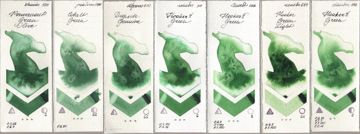 Shminke Horadam Aquarell 534 Permanent Green Olive, M. Graham & Co. Artists 095 Cobalt Green, Daniel Smith 210 Diopside Genuine, Winsor & Newton Professional 311 Hookers Green, Holbein Artists Watercolor 062 Hookers Green, Royal Talens Rembrandt Watercolour 644 Hooker Green Light, 042 Hookers Gre watercolor swatch
