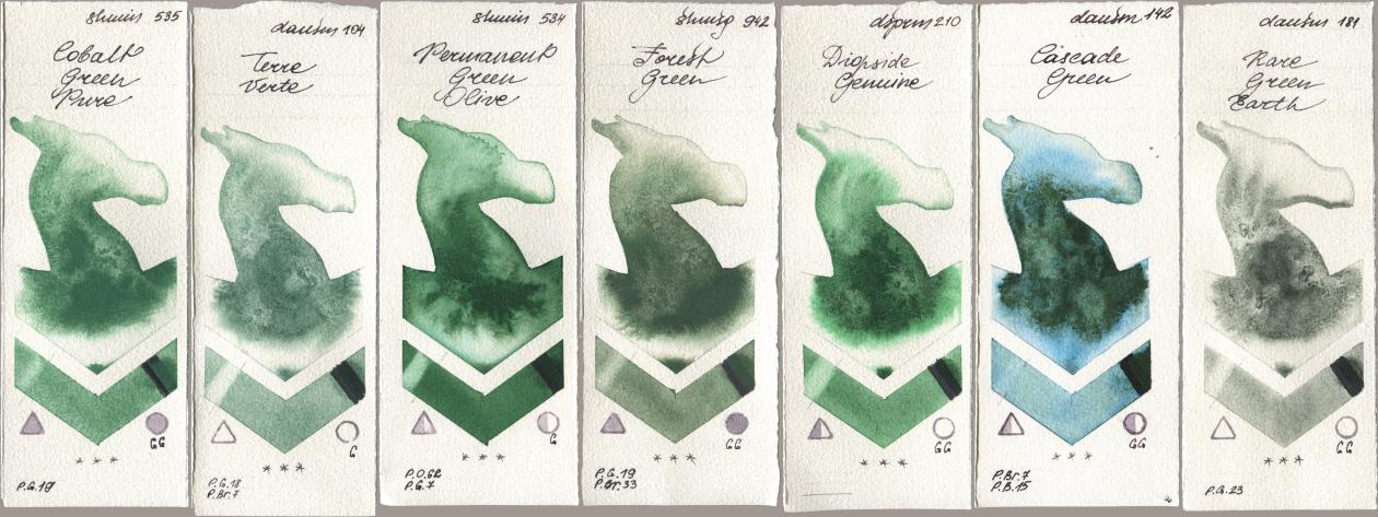 Shminke Horadam Aquarell 535 Cobalt Green Pure, Daniel Smith 104 Terre Verte, 534 Permanent Green Olive, 942 Forest Green, 210 Diopside Genuine, 142 Cascade Green, 181 Rare Green Ear watercolor swatch