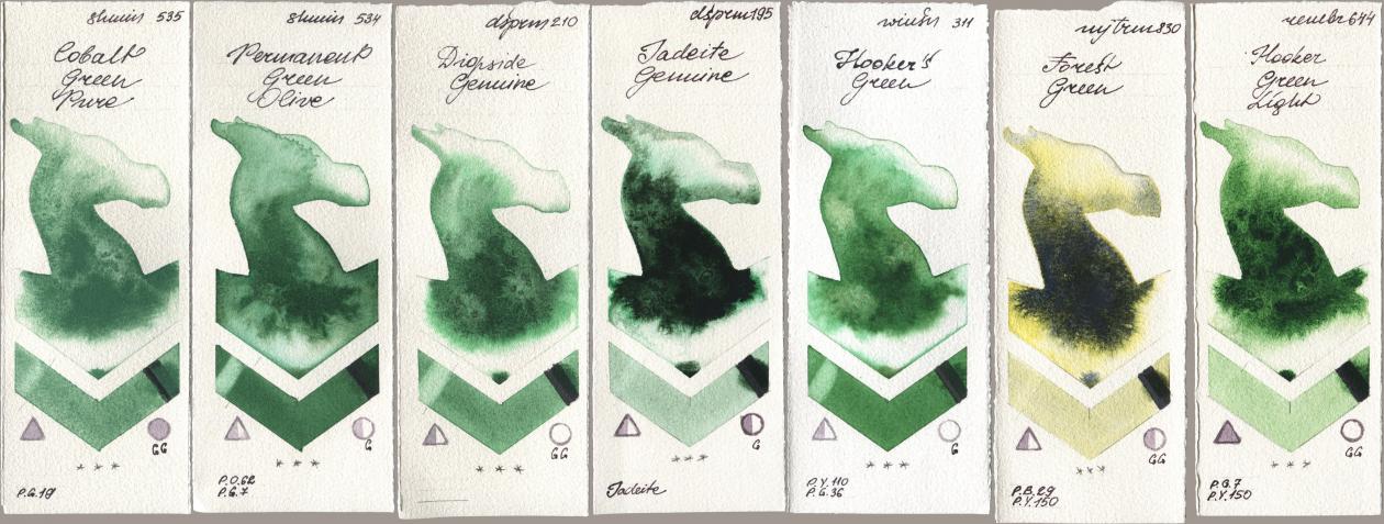Shminke Horadam Aquarell 535 Cobalt Green Pure, 534 Permanent Green Olive, Daniel Smith 210 Diopside Genuine, 195 Jadeite Genuine, Winsor & Newton Professional 311 Hookers Green, Mijello Mission Gold 830 Forest Green, Royal Talens Rembrandt Watercolour 644 Hooker Green Lig watercolor swatch