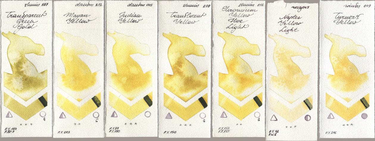 Shminke Horadam Aquarell 537 Transparent Green Gold, Daniel Smith 212 Mayan Yellow, 045 Indian Yellow, 209 Translucent Yellow, 212 Chromium Yellow Hue Light, Rosa Gallery 745 Naples Yellow Light, Winsor & Newton Professional 649 Turners Yell watercolor swatch