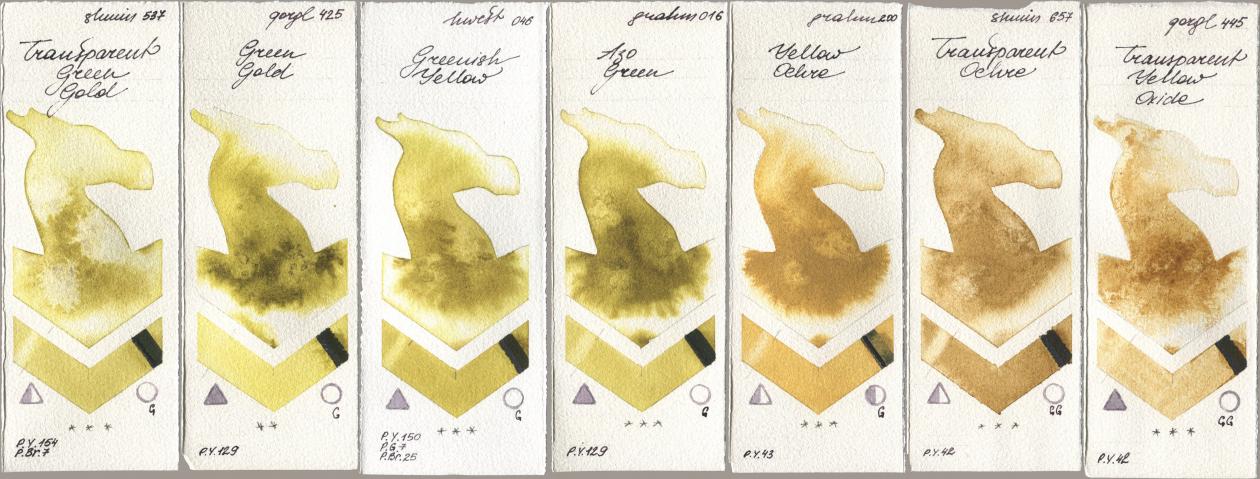 Shminke Horadam Aquarell 537 Transparent Green Gold, Golden QOR 425 Green Gold, Holbein Artists Watercolor 046 Greenish Yellow, M. Graham & Co. Artists 016 Azo Green, 200 Yellow Ochre, 657 Transparent Ochre, 445 Transparent Yellow Oxi watercolor swatch