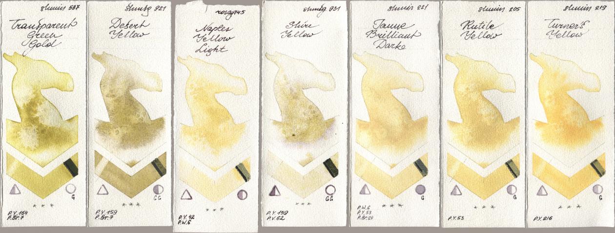 Shminke Horadam Aquarell 537 Transparent Green Gold, 921 Desert Yellow, Rosa Gallery 745 Naples Yellow Light, 931 Shire Yellow, 221 Brilliant Yellow Dark (Jaune Brilliant Dark), 205 Rutile Yellow, 219 Turner‘s Yell watercolor swatch