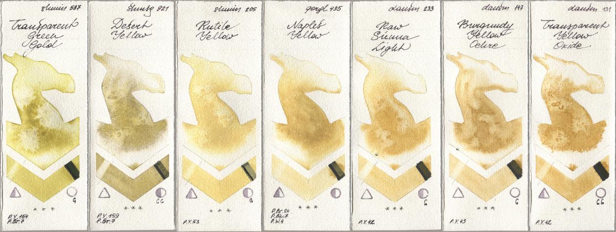 Shminke Horadam Aquarell 537 Transparent Green Gold, 921 Desert Yellow, 205 Rutile Yellow, Golden QOR 435 Naples Yellow, Daniel Smith 233 Raw Sienna Light, 147 Burgundy Yellow Ochre, 131 Transparent Yellow Oxi watercolor swatch