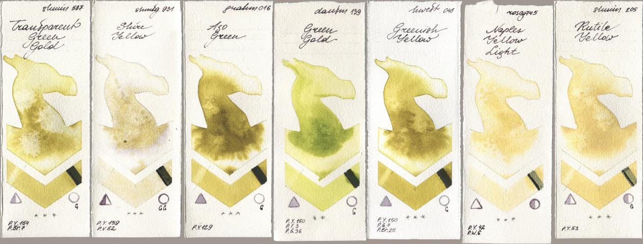Shminke Horadam Aquarell 537 Transparent Green Gold, 931 Shire Yellow, M. Graham & Co. Artists 016 Azo Green, Daniel Smith 139 Green Gold, Holbein Artists Watercolor 046 Greenish Yellow, Rosa Gallery 745 Naples Yellow Light, 205 Rutile Yell watercolor swatch