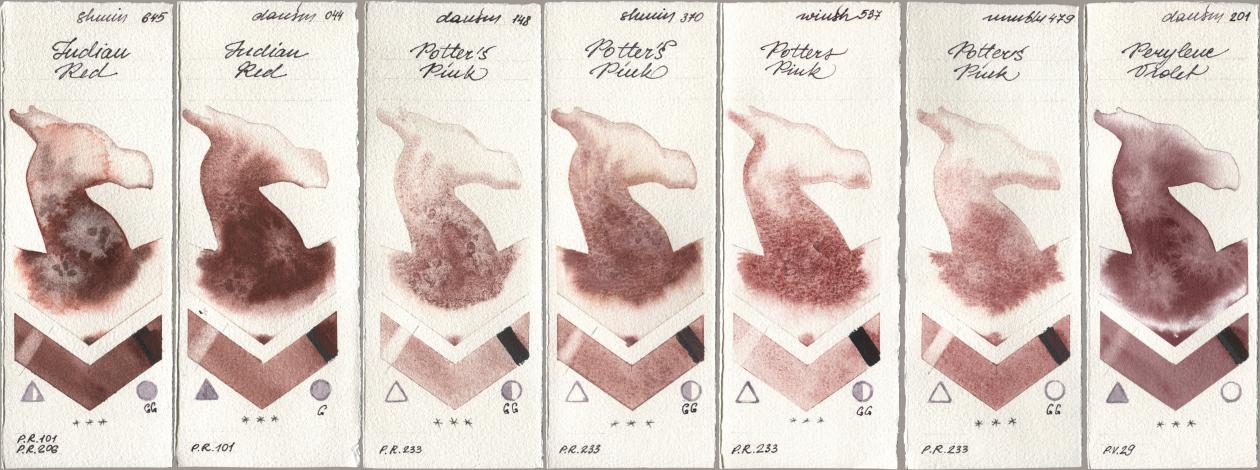 Shminke Horadam Aquarell 645 Indian Red, Daniel Smith 044 Indian Red, 148 Potters Pink, 370 Potters Pink, Winsor & Newton Professional 537 Potters Pink, Maimeri Blu 479 Potters Pink, 201 Perylene Viol watercolor swatch