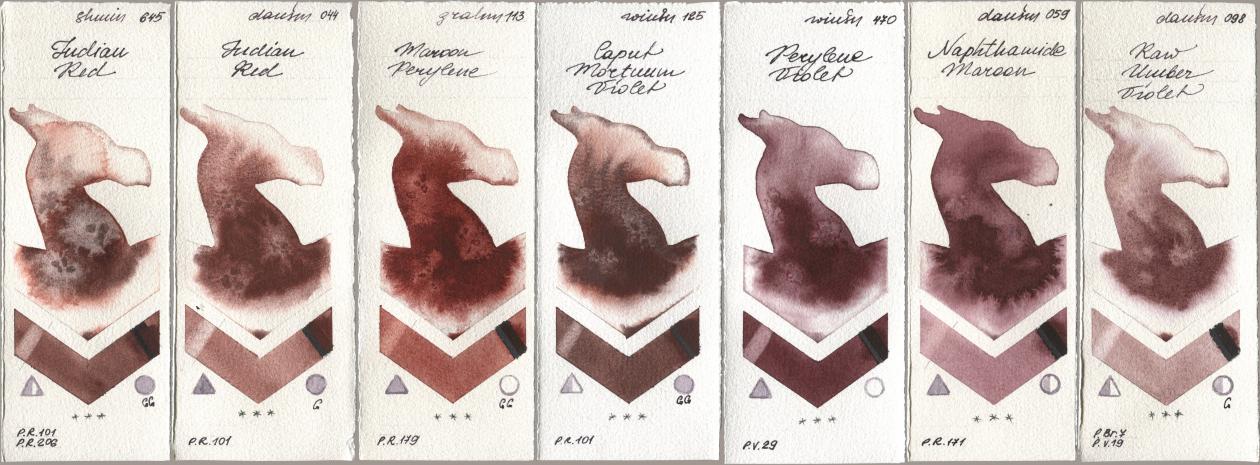 Shminke Horadam Aquarell 645 Indian Red, Daniel Smith 044 Indian Red, M. Graham & Co. Artists 113 Maroon Perylene, Winsor & Newton Professional 125 Caput Mortuum Violet, 470 Perylene Violet, 059 Naphthamide Maroon, 098 Raw Umber Viol watercolor swatch
