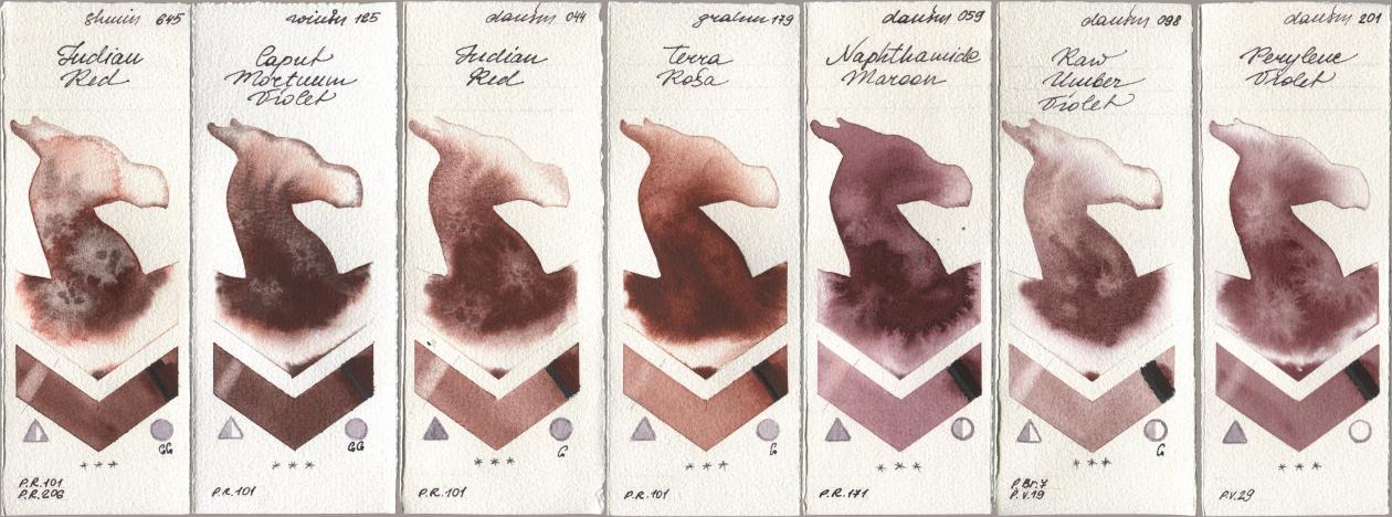 Shminke Horadam Aquarell 645 Indian Red, Winsor & Newton Professional 125 Caput Mortuum Violet, Daniel Smith 044 Indian Red, M. Graham & Co. Artists 179 Terra Rosa, 059 Naphthamide Maroon, 098 Raw Umber Violet, 201 Perylene Viol watercolor swatch