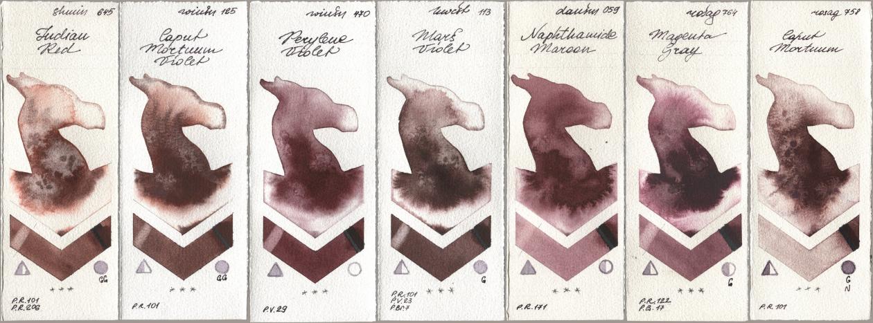 Shminke Horadam Aquarell 645 Indian Red, Winsor & Newton Professional 125 Caput Mortuum Violet, 470 Perylene Violet, Holbein Artists Watercolor 113 Mars Violet, Daniel Smith 059 Naphthamide Maroon, Rosa Gallery 764 Magenta Gray, 758 Caput Mortu watercolor swatch