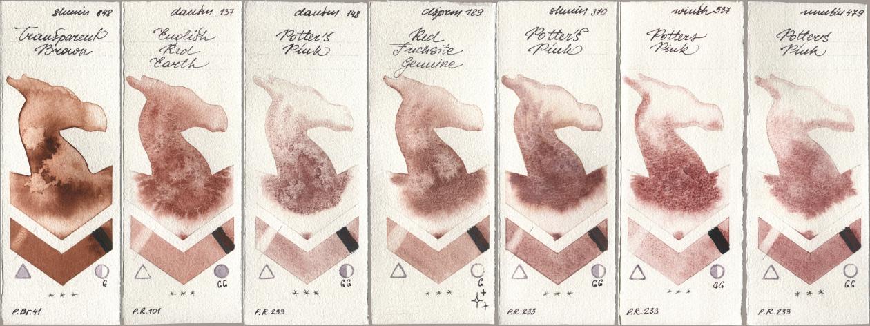 Shminke Horadam Aquarell 648 Transparent Brown, Daniel Smith 137 English Red Earth, 148 Potters Pink, 189 Red Fuchsite Genuine, 370 Potters Pink, Winsor & Newton Professional 537 Potters Pink, Maimeri Blu 479 Potters Pi watercolor swatch