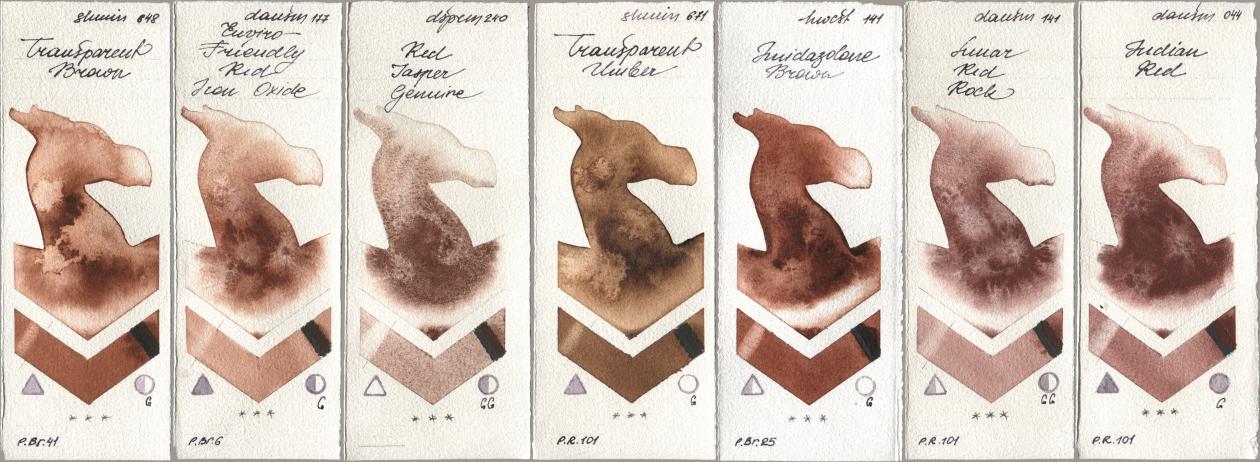 Shminke Horadam Aquarell 648 Transparent Brown, Daniel Smith 177 Enviro-Friendly Red Iron Oxide, 240 Red Jasper Genuine, 671 Transparent Umber, Holbein Artists Watercolor 141 Imidazolone Brown, 141 Lunar Red Rock, 044 Indian R watercolor swatch