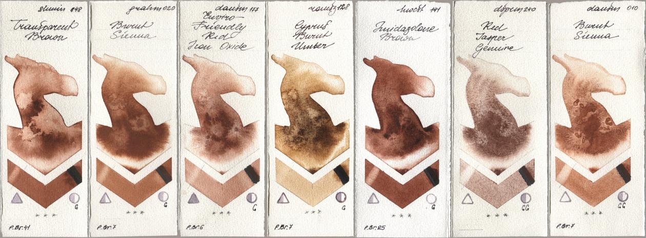 Shminke Horadam Aquarell 648 Transparent Brown, M. Graham & Co. Artists 020 Burnt Sienna, Daniel Smith 177 Enviro-Friendly Red Iron Oxide, Roman Szmal Aquarius 128 Cyprus Burnt Umber, Holbein Artists Watercolor 141 Imidazolone Brown, 240 Red Jasper Genuine, 010 Burnt Sien watercolor swatch