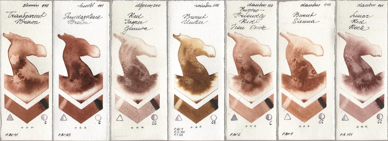 Shminke Horadam Aquarell 648 Transparent Brown, Holbein Artists Watercolor 141 Imidazolone Brown, Daniel Smith 240 Red Jasper Genuine, Winsor & Newton Professional 076 Burnt Umber, 177 Enviro-Friendly Red Iron Oxide, 010 Burnt Sienna, 141 Lunar Red Ro watercolor swatch