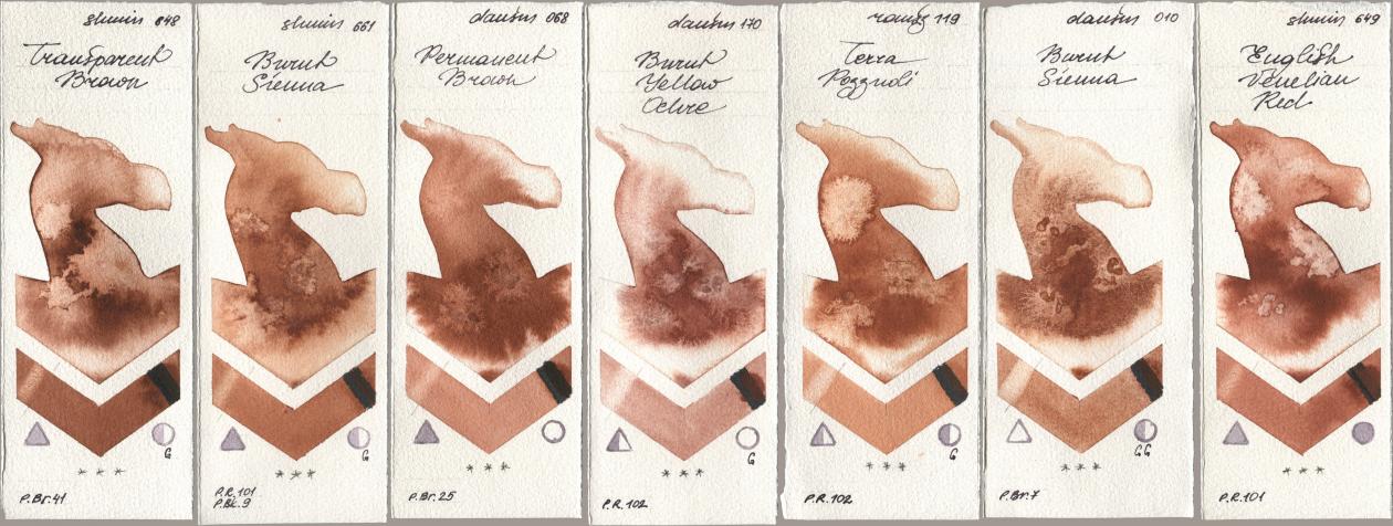Shminke Horadam Aquarell 648 Transparent Brown, 661 Burnt Sienna, Daniel Smith 068 Permanent Brown, 170 Burnt Yellow Ochre, Roman Szmal Aquarius 119 Terra Pozzuoli, 010 Burnt Sienna, 649 English Venetian R watercolor swatch