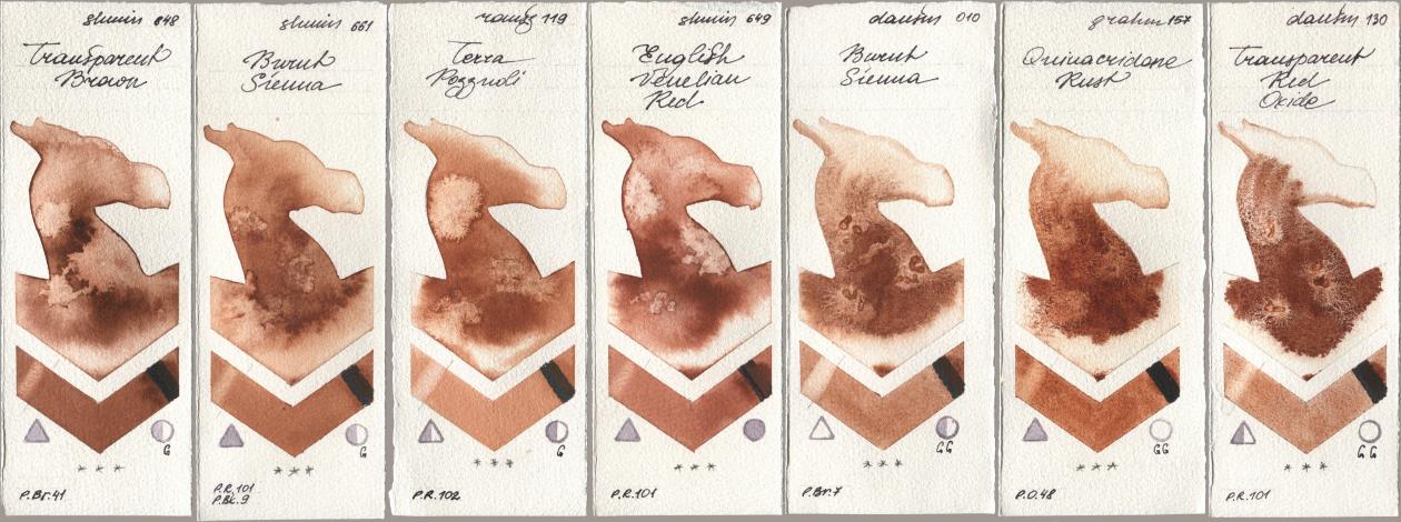 Shminke Horadam Aquarell 648 Transparent Brown, 661 Burnt Sienna, Roman Szmal Aquarius 119 Terra Pozzuoli, 649 English Venetian Red, Daniel Smith 010 Burnt Sienna, M. Graham & Co. Artists 157 Quinacridone Rust, 130 Transparent Red Oxi watercolor swatch