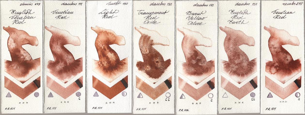 Shminke Horadam Aquarell 649 English Venetian Red, Daniel Smith 111 Venetian Red, Holbein Artists Watercolor 130 Light Red, 130 Transparent Red Oxide, 170 Burnt Yellow Ochre, 137 English Red Earth, Royal Talens Rembrandt Watercolour 349 Venerian R watercolor swatch