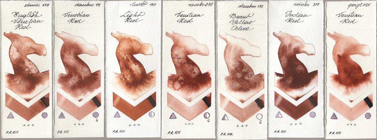 Shminke Horadam Aquarell 649 English Venetian Red, Daniel Smith 111 Venetian Red, Holbein Artists Watercolor 130 Light Red, Royal Talens Rembrandt Watercolour 349 Venerian Red, 170 Burnt Yellow Ochre, Winsor & Newton Professional 317 Indian Red, Golden QOR 465 Venetian R watercolor swatch