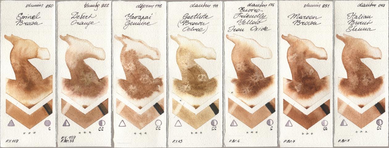 Shminke Horadam Aquarell 650 Spinel Brown, 922 Desert Orange, Daniel Smith 146 Yavapai Genuine, 144 Goethite (Brown Ochre), 176 Enviro-Friendly Yellow Iron Oxide, 651 Maroon Brown, 047 Italian Burnt Sien watercolor swatch