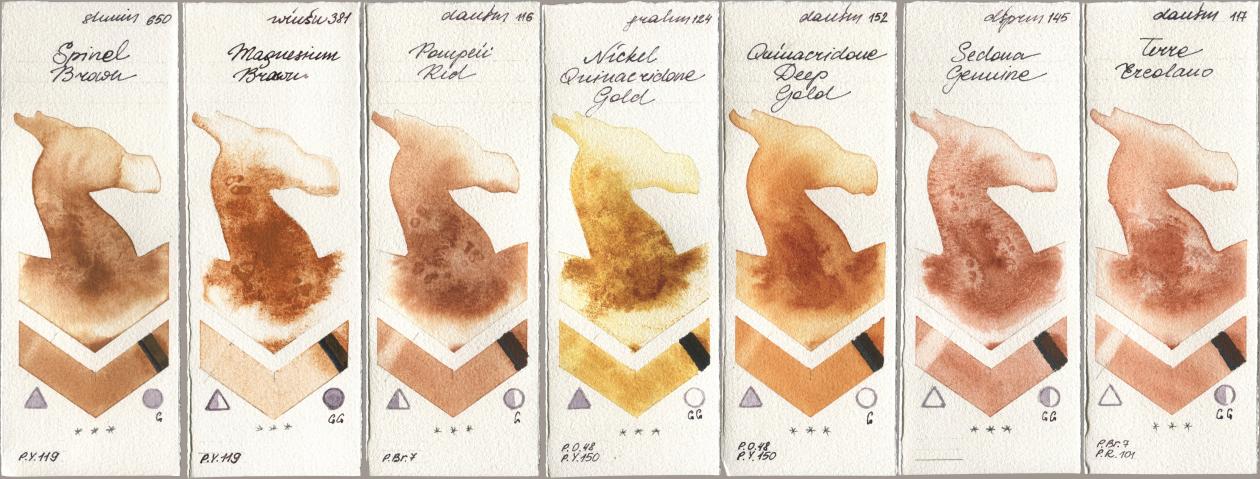 Shminke Horadam Aquarell 650 Spinel Brown, Winsor & Newton Professional 381 Magnesuim Brown, Daniel Smith 116 Pompeii Red, M. Graham & Co. Artists 124 Nickel Quinacridone Gold, 152 Quinacridone Deep Gold, 145 Sedona Genuine, 117 Terre Ercola watercolor swatch