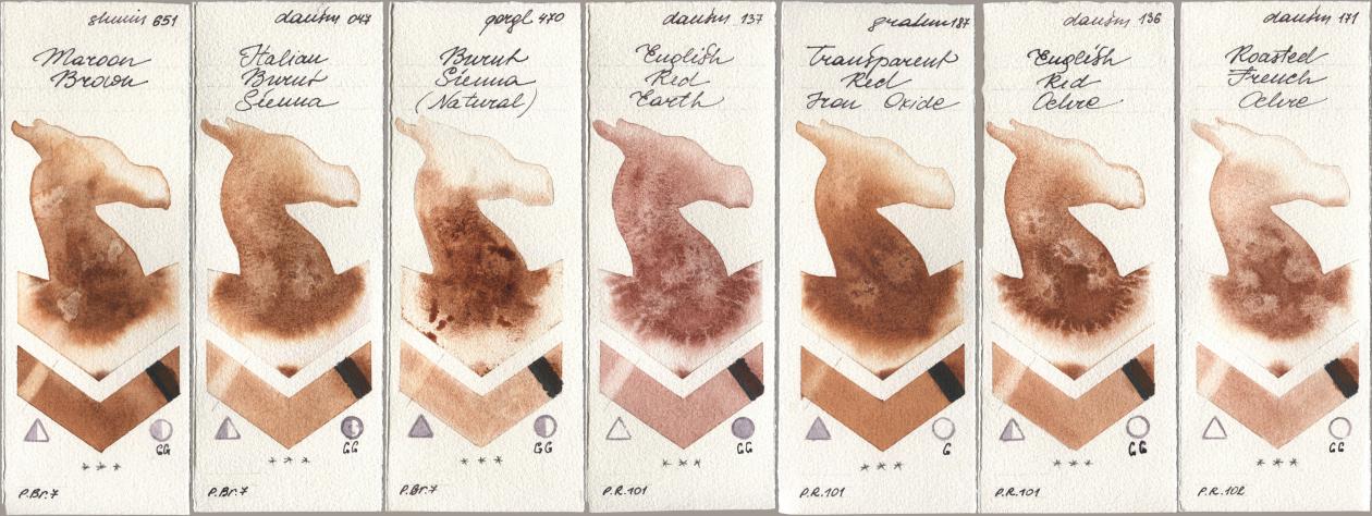 Shminke Horadam Aquarell 651 Maroon Brown, Daniel Smith 047 Italian Burnt Sienna, Golden QOR 470 Burnt Sienna (Natural), 137 English Red Earth, M. Graham & Co. Artists 187 Transparent Red Iron Oxide, 136 English Red Ochre, 171 Roasted French Och watercolor swatch