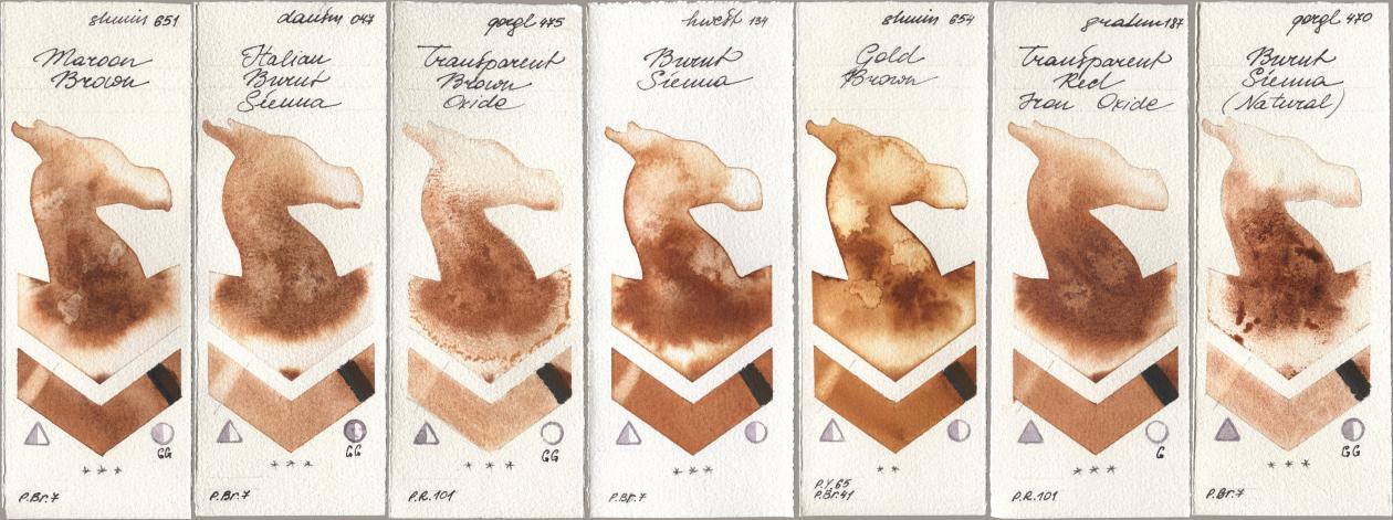 Shminke Horadam Aquarell 651 Maroon Brown, Daniel Smith 047 Italian Burnt Sienna, Golden QOR 475 Transparent Brown Oxide, Holbein Artists Watercolor 134 Burnt Sienna, 654 Gold Brown, M. Graham & Co. Artists 187 Transparent Red Iron Oxide, 470 Burnt Sienna (Natura watercolor swatch