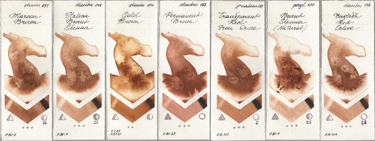 Shminke Horadam Aquarell 651 Maroon Brown, Daniel Smith 047 Italian Burnt Sienna, 654 Gold Brown, 068 Permanent Brown, M. Graham & Co. Artists 187 Transparent Red Iron Oxide, Golden QOR 470 Burnt Sienna (Natural), 136 English Red Och watercolor swatch
