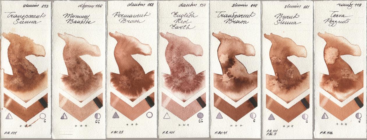Shminke Horadam Aquarell 653 Transparent Sienna, Daniel Smith 166 Mummy Bauxite, 068 Permanent Brown, 137 English Red Earth, 648 Transparent Brown, 661 Burnt Sienna, Roman Szmal Aquarius 119 Terra Pozzuo watercolor swatch