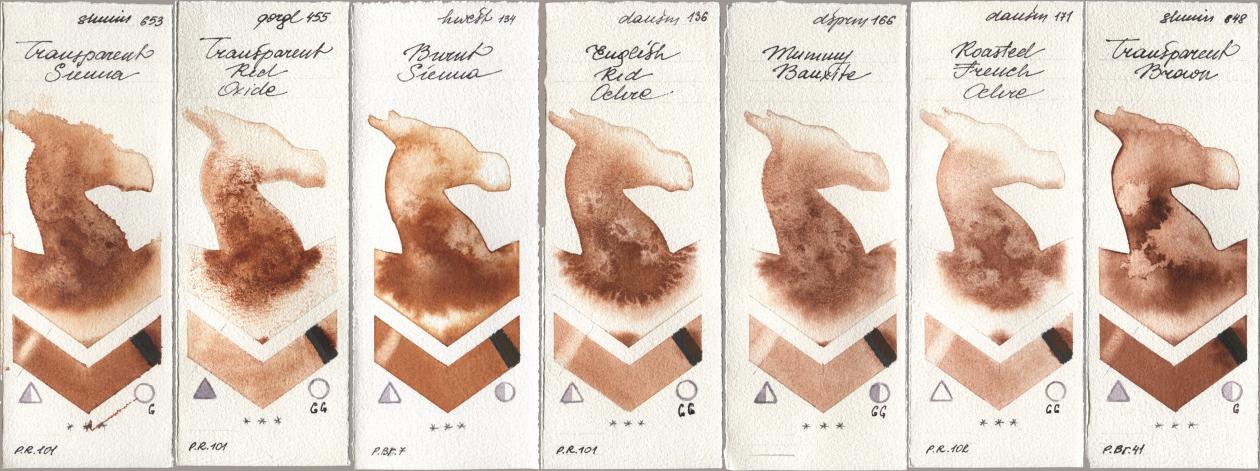 Shminke Horadam Aquarell 653 Transparent Sienna, Golden QOR 455 Transparent Red Oxide, Holbein Artists Watercolor 134 Burnt Sienna, Daniel Smith 136 English Red Ochre, 166 Mummy Bauxite, 171 Roasted French Ochre, 648 Transparent Bro watercolor swatch