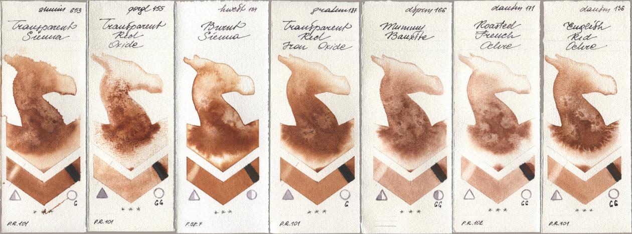 Shminke Horadam Aquarell 653 Transparent Sienna, Golden QOR 455 Transparent Red Oxide, Holbein Artists Watercolor 134 Burnt Sienna, M. Graham & Co. Artists 187 Transparent Red Iron Oxide, Daniel Smith 166 Mummy Bauxite, 171 Roasted French Ochre, 136 English Red Och watercolor swatch