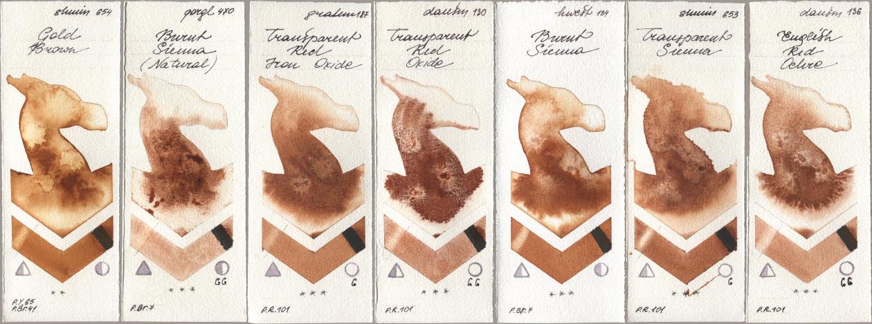 Shminke Horadam Aquarell 654 Gold Brown, Golden QOR 470 Burnt Sienna (Natural), M. Graham & Co. Artists 187 Transparent Red Iron Oxide, Daniel Smith 130 Transparent Red Oxide, Holbein Artists Watercolor 134 Burnt Sienna, 653 Transparent Sienna, 136 English Red Och watercolor swatch