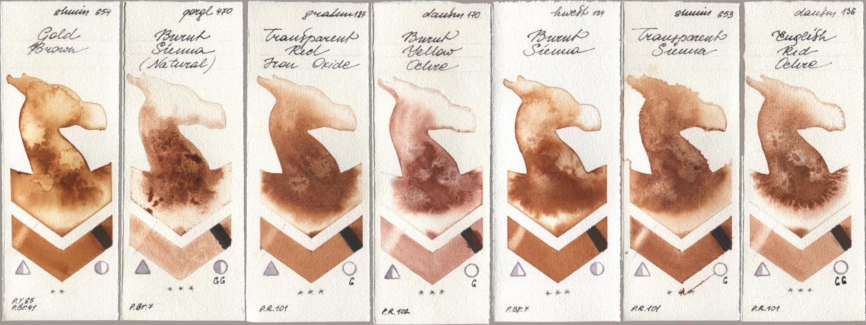 Shminke Horadam Aquarell 654 Gold Brown, Golden QOR 470 Burnt Sienna (Natural), M. Graham & Co. Artists 187 Transparent Red Iron Oxide, Daniel Smith 170 Burnt Yellow Ochre, Holbein Artists Watercolor 134 Burnt Sienna, 653 Transparent Sienna, 136 English Red Och watercolor swatch