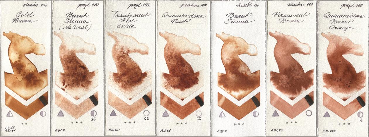 Shminke Horadam Aquarell 654 Gold Brown, Golden QOR 470 Burnt Sienna (Natural), 455 Transparent Red Oxide, M. Graham & Co. Artists 157 Quinacridone Rust, Holbein Artists Watercolor 134 Burnt Sienna, Daniel Smith 068 Permanent Brown, 165 Quinacridone Burnt Oran watercolor swatch