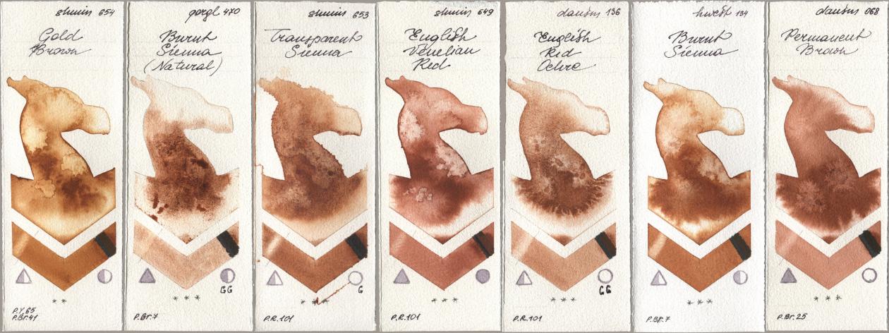 Shminke Horadam Aquarell 654 Gold Brown, Golden QOR 470 Burnt Sienna (Natural), 653 Transparent Sienna, 649 English Venetian Red, Daniel Smith 136 English Red Ochre, Holbein Artists Watercolor 134 Burnt Sienna, 068 Permanent Bro watercolor swatch