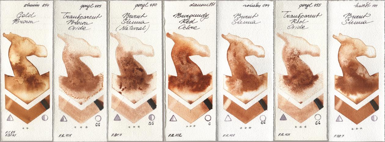 Shminke Horadam Aquarell 654 Gold Brown, Golden QOR 475 Transparent Brown Oxide, 470 Burnt Sienna (Natural), Daniel Smith 151 Burgundy Red Ochre, Winsor & Newton Professional 074 Burnt Sienna, 455 Transparent Red Oxide, Holbein Artists Watercolor 134 Burnt Sien watercolor swatch