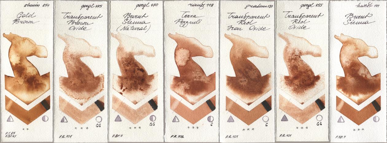 Shminke Horadam Aquarell 654 Gold Brown, Golden QOR 475 Transparent Brown Oxide, 470 Burnt Sienna (Natural), Roman Szmal Aquarius 119 Terra Pozzuoli, M. Graham & Co. Artists 187 Transparent Red Iron Oxide, 455 Transparent Red Oxide, Holbein Artists Watercolor 134 Burnt Sien watercolor swatch