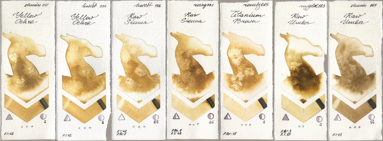 Shminke Horadam Aquarell 655 Yellow Ochre, Holbein Artists Watercolor 034 Yellow Ochre, 132 Raw Sienna, Rosa Gallery 721 Raw Sienna, Roman Szmal Aquarius 265 Titanium Brown, Mijello Mission Gold 563 Raw Umber, 667 Raw Umb watercolor swatch